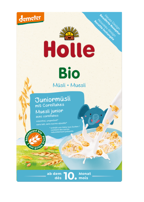 KASZKA MUSLI JUNIOR Z PŁATKAMI KUKURYDZIANYMI BEZ DODATKU CUKRÓW OD 10 MIESIĄCA DEMETER BIO 250 g - HOLLE